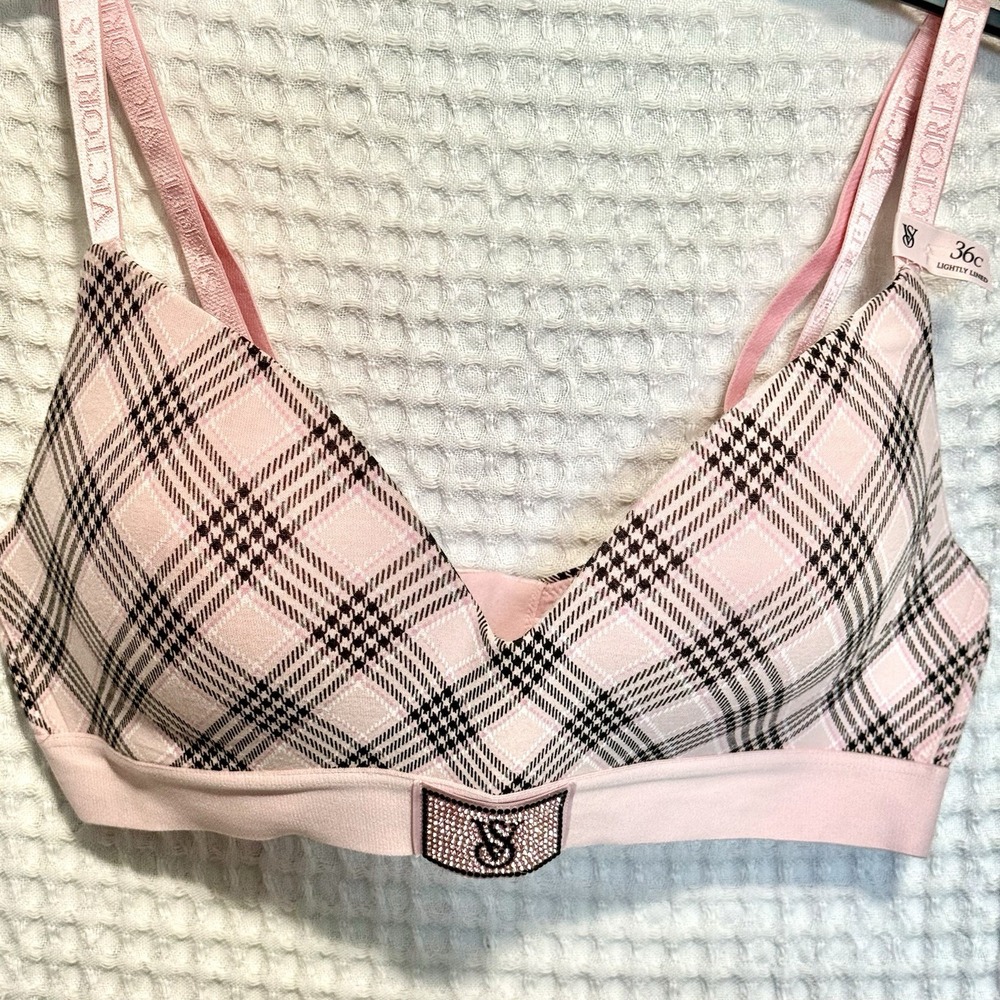 Victorias Secret T-Shirt Lightly Lined Wireless Bra Shine Patch Plaid 36C Pink